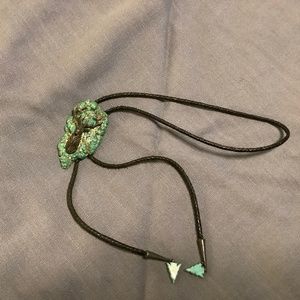 VINTAGE SILVER MIGHTY ELK & TURQUOISE BOLO TIE